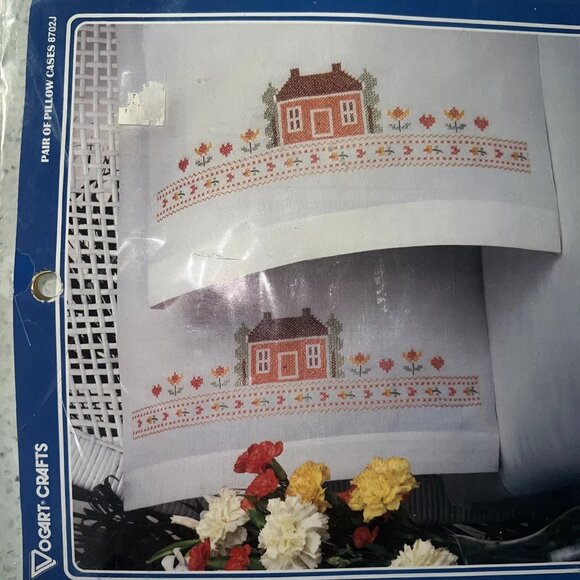 Vintage Vogart "Country Home" Stamped Cross Stitch Pillowcases - Picture 1 of 3